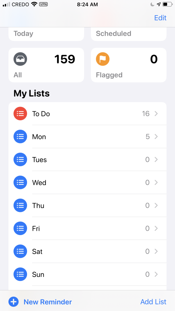 iPhone list of reminder lists
